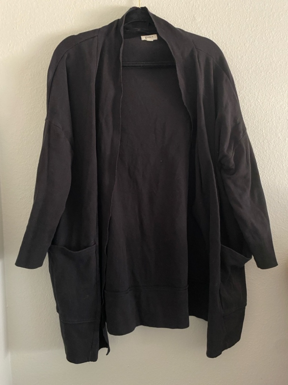Pact Airplane Cardigan M/L Black Long Line Open Front Pockets Organic Cotton